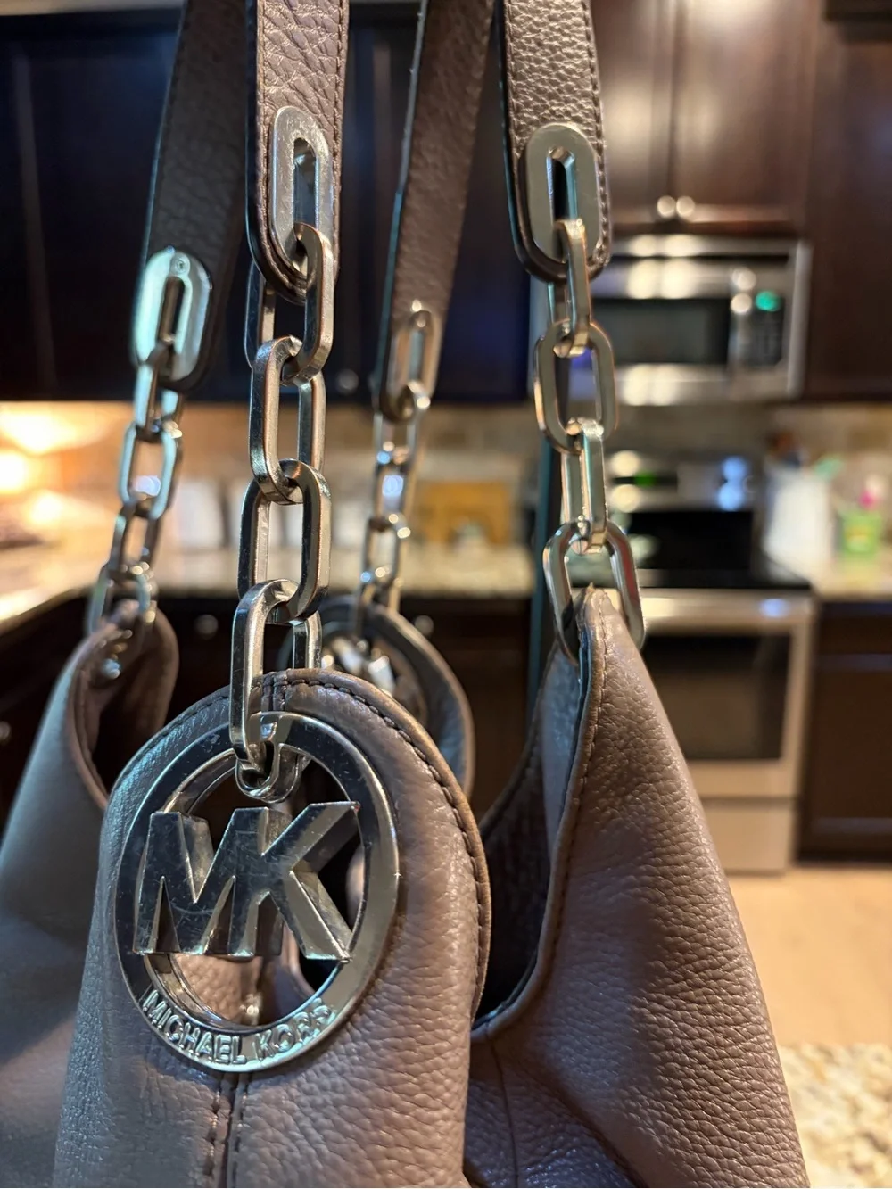 Michael Kors Black Pebbled Leather Shoulder Hobo with Chain Detail